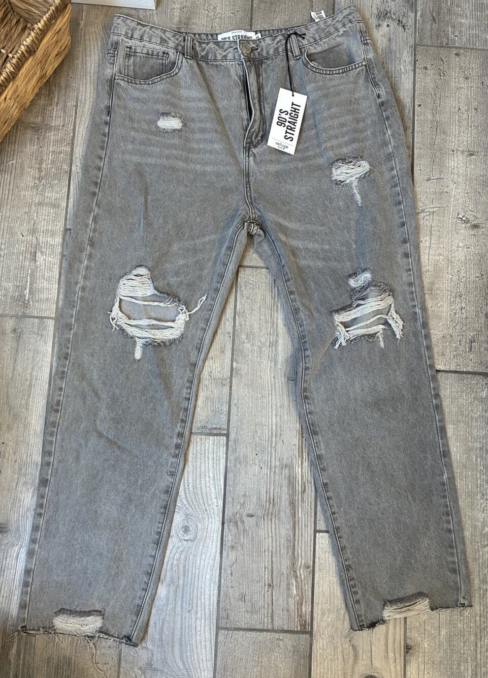 Refuge 90s Straight Leg Jeans Womens 15 NWT High Rise Distressed Gray Ripped 28